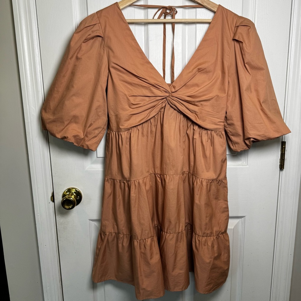 Intermix Twist Front Tiered Mini Dress Puff Sleeve 100% Cotton Tan Size 8 - Picture 2 of 12
